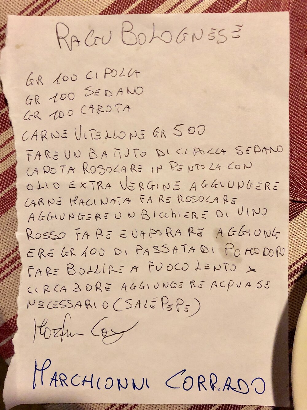 Hand written recipe from our chef in Tuscany / Italian Bolognese Sauce Recipe from Italy