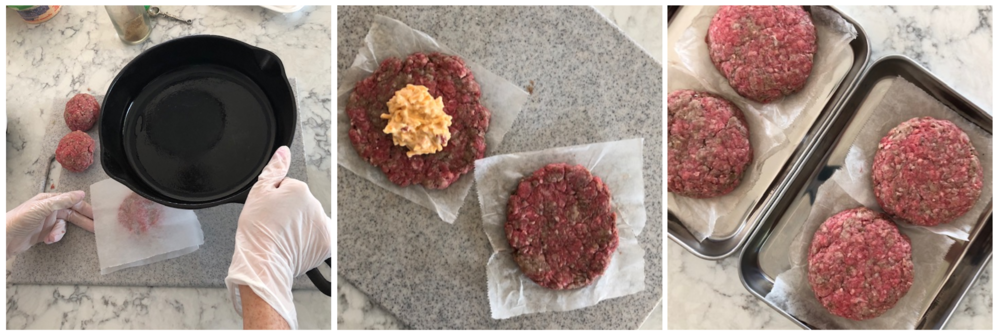 Step 1 - Flatten 8 sides. / Step 2 - place pimento cheese / Step 3 - top with 2nd patty and seal tightly