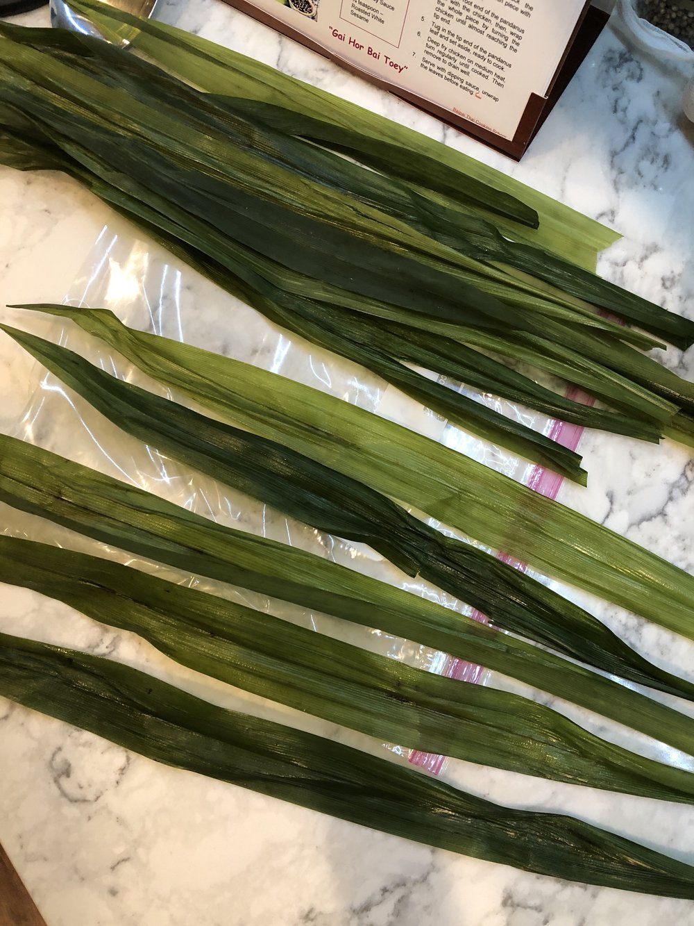 Pandan Leaves I picked up at my local Asian Market. They are in the frozen section and need to thaw over night in the refrigerator.