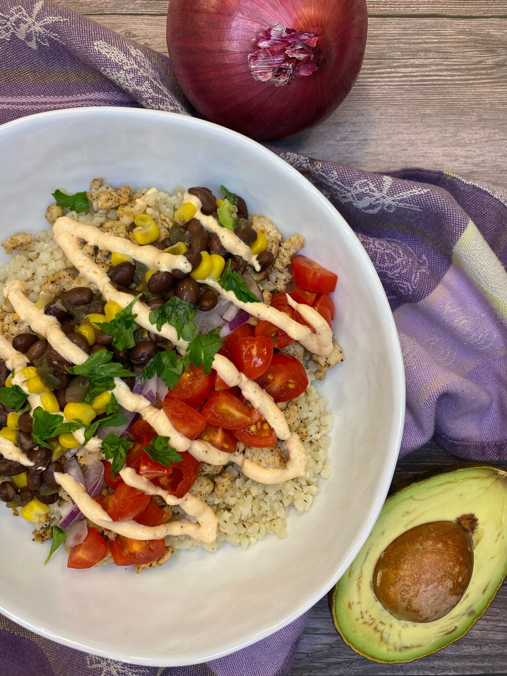 Quick and Easy Riced Cauliflower Bowl with Turkey, Black Beans and Avocado