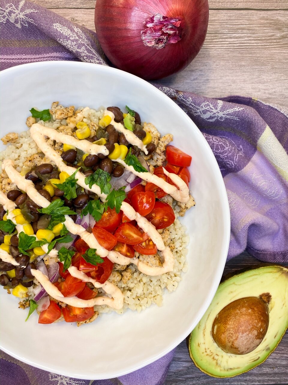 Riced+Cauliflower+Bowl+with+Turkey+Black+Beans+and+Avocado