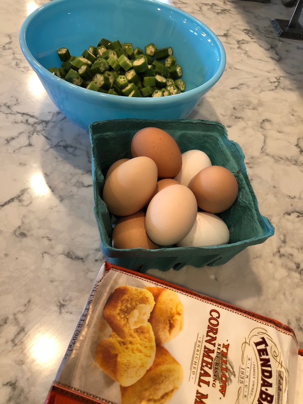 3 Main ingredients. Okra, Eggs and corn meal