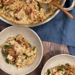 ONE PAN CHICKEN WITH SUN-DRIED TOMATOES, SPINACH AND MUSHROOM ORZO