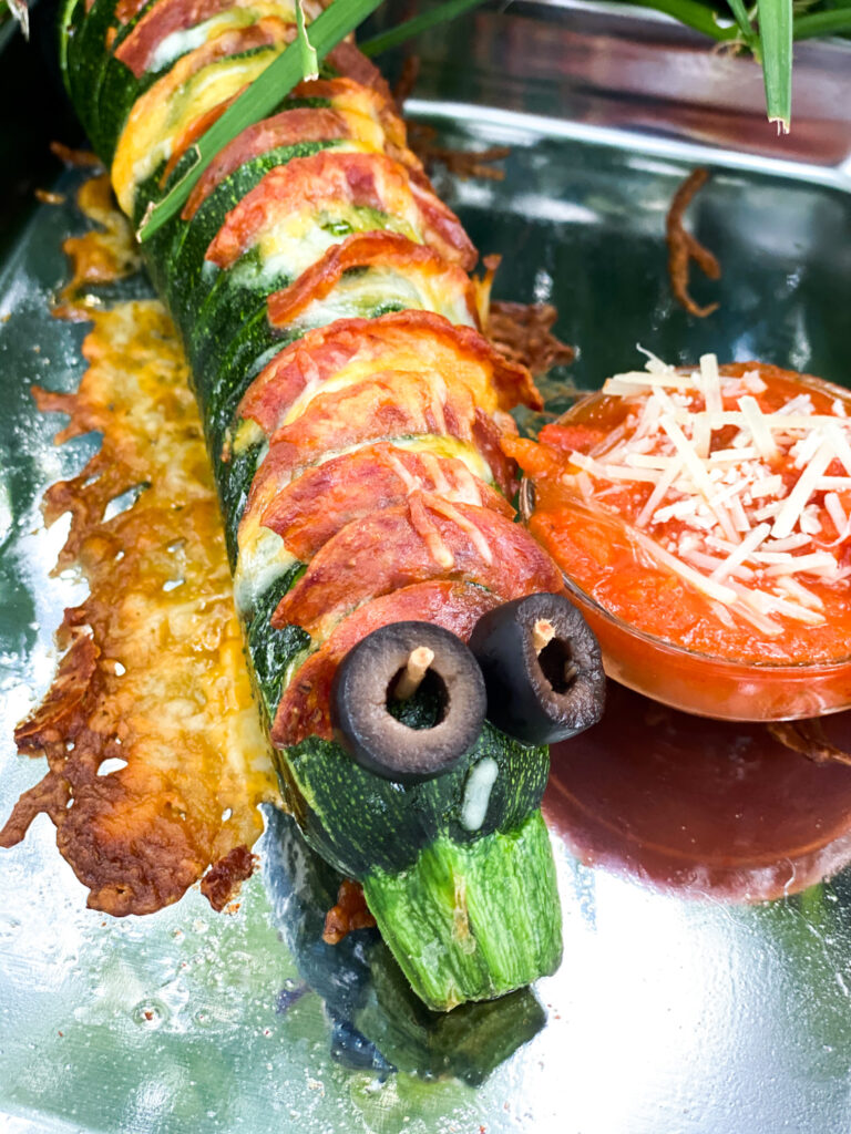 Zucchini Caterpillar stuffed with pepperoni and cheese