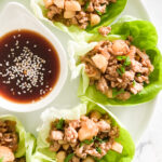 ground chicken, water chestnuts tossed in a soy sauce mixture pilled into lettuce cups.