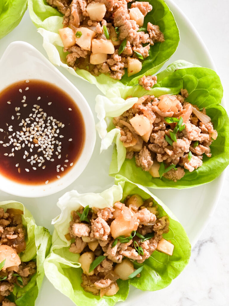 ground chicken, water chestnuts tossed in a soy sauce mixture pilled into lettuce cups.