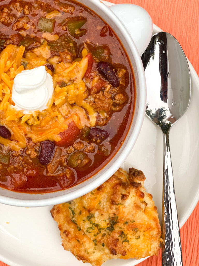 Keto Chili and Keto Garlic Biscuits