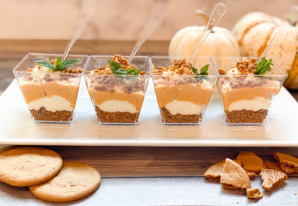 PUMPKIN CHEESECAKE TRIFLE, layers of ginger snap cookie, cream cheese filing and sweet pumpkin