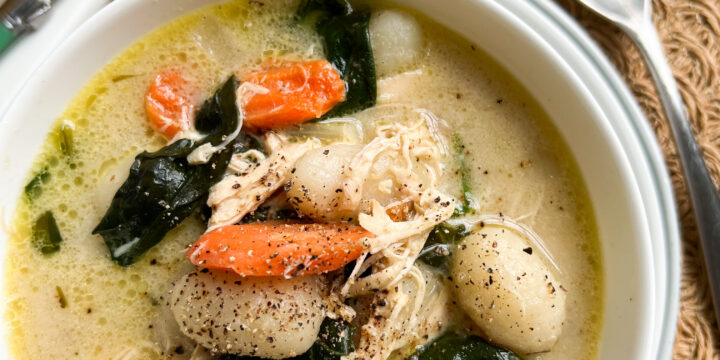 Gnocchi chicken soup with carrot and spinach